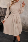Solid Color Pleated Long Sleeved Waist Cinching Dress