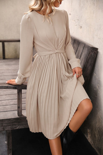 Solid Color Pleated Long Sleeved Waist Cinching Dress