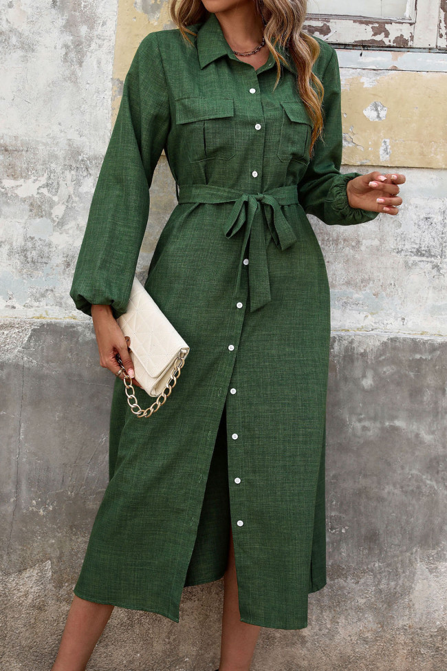 Lapel Long Sleeved Solid Color Shirt Dress