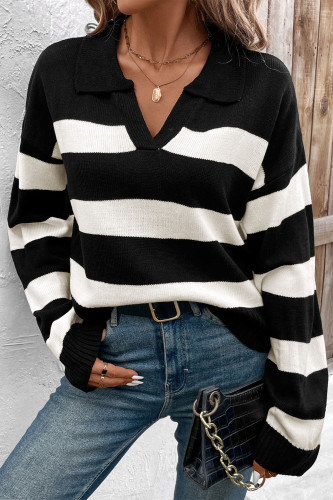 Autumn Long Sleeved Lapel Striped Sweater