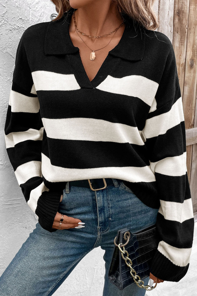 Autumn Long Sleeved Lapel Striped Sweater