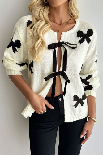 Bow Print Long Sleeved Cardigan Sweater
