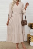 Solid Color Long Sleeved Waistband Waist Cinching Dress
