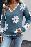Flower Printed Long Sleeved Knitted Sweater