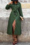 Lapel Long Sleeved Solid Color Shirt Dress