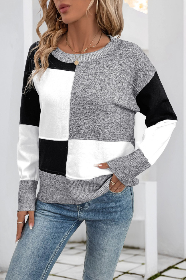 Checkered Printed Long Sleeved Round Neck Sweater