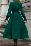Solid Color V-Neck Long Sleeved Waist Cinching Dress