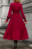 Solid Color V-Neck Long Sleeved Waist Cinching Dress