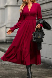 Solid Color V-Neck Long Sleeved Waist Cinching Dress
