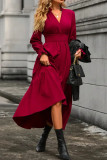 Solid Color V-Neck Long Sleeved Waist Cinching Dress