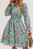 Floral Print V-Neck Waist Cinching Long Sleeve Dress