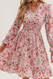 Floral Print V-Neck Waist Cinching Long Sleeve Dress