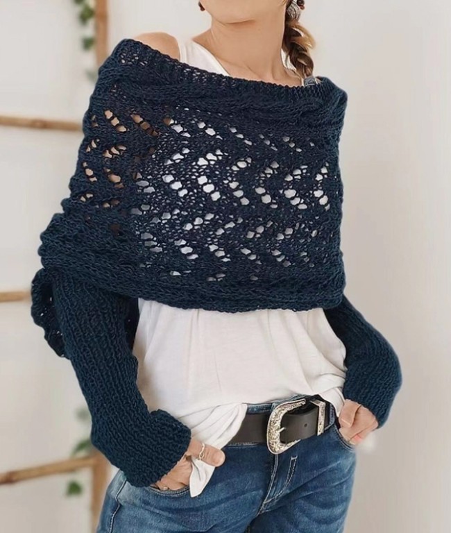 Solid Color Hollow Long Sleeved Shawl
