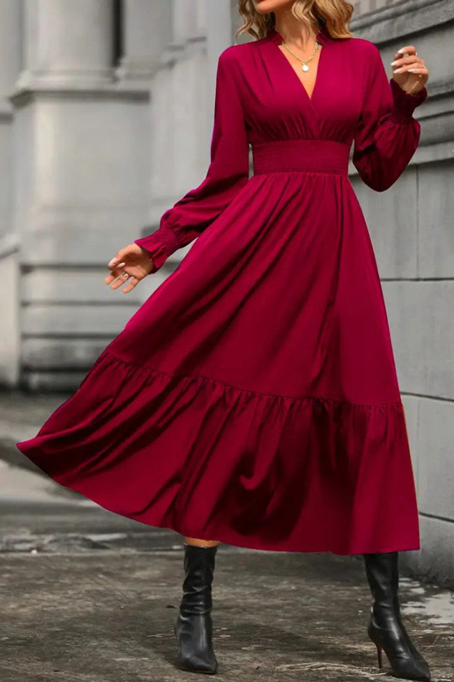 Solid Color V-Neck Long Sleeved Waist Cinching Dress
