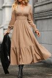 Solid Color V-Neck Long Sleeved Waist Cinching Dress