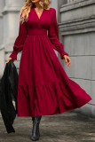Solid Color V-Neck Long Sleeved Waist Cinching Dress