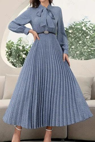 Polka Dot Pleated Long Sleeved Dress