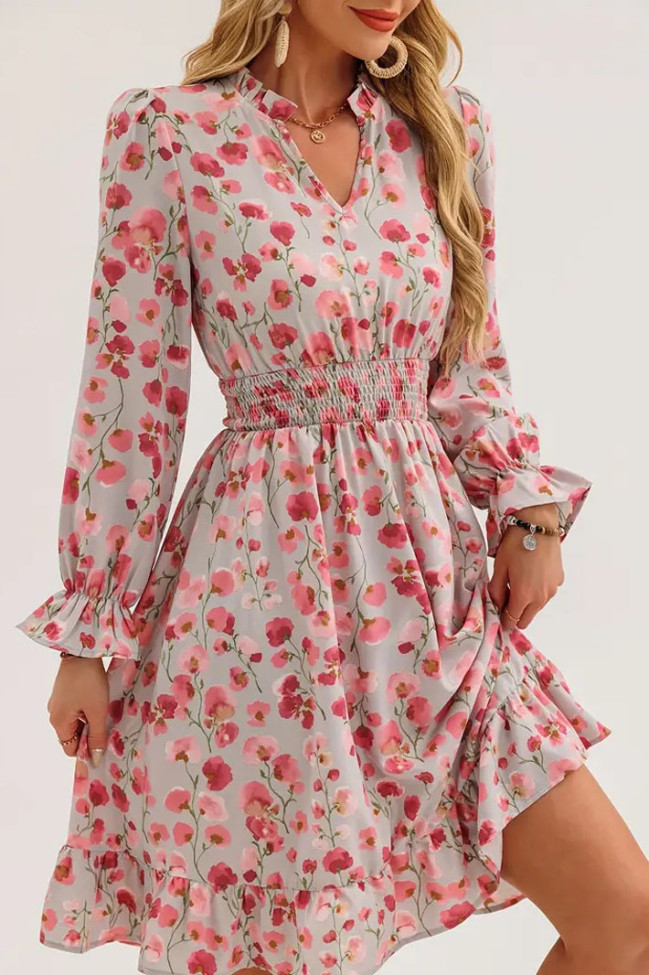 Floral Print V-Neck Waist Cinching Long Sleeve Dress