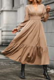 Solid Color V-Neck Long Sleeved Waist Cinching Dress