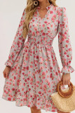 Floral Print V-Neck Waist Cinching Long Sleeve Dress