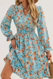 Floral Print V-Neck Waist Cinching Long Sleeve Dress