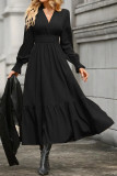 Solid Color V-Neck Long Sleeved Waist Cinching Dress