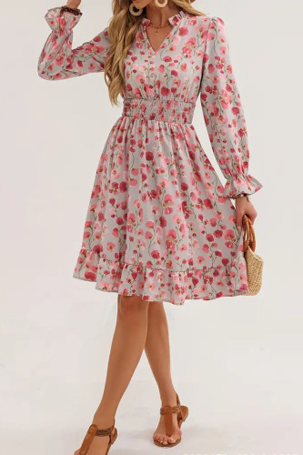 Floral Print V-Neck Waist Cinching Long Sleeve Dress