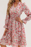 Floral Print V-Neck Waist Cinching Long Sleeve Dress