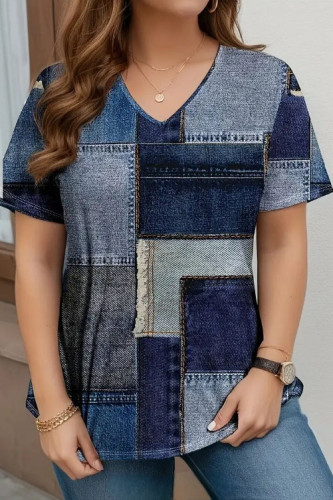 Large Size Printed V-Neck Short Sleeved Shirt