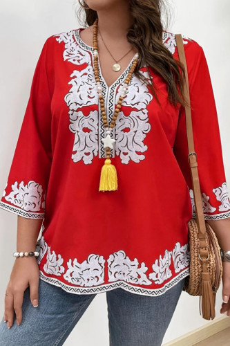 Printed V-Neck Loose Seven Quarter Sleeve Shirt
