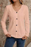 Solid Color Jacquard V-Neck Long Sleeved T-Shirt