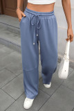 Solid Color Elastic Waist Pocket Wide Leg Pants