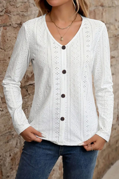 Solid Color Jacquard V-Neck Long Sleeved T-Shirt