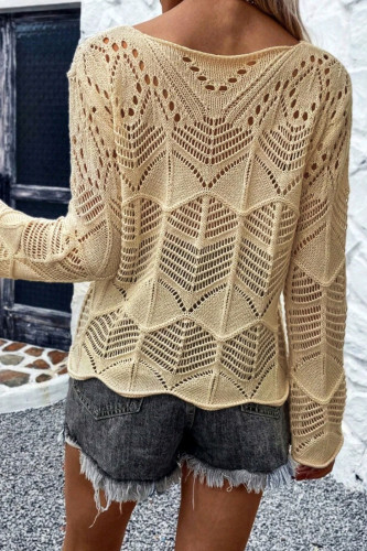 Round Neck Long Sleeved Hollowed Beach Cover Shirt