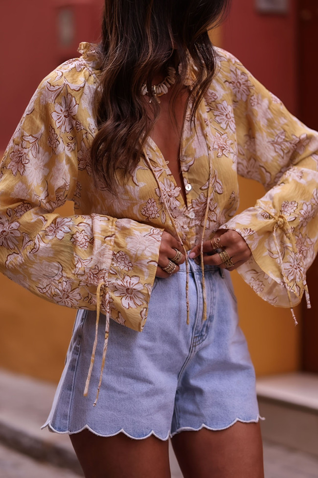 Summer Printed Lace Up Long Sleeved Shirt