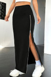 Spring Autumn Solid Color Zipper Split Skirt