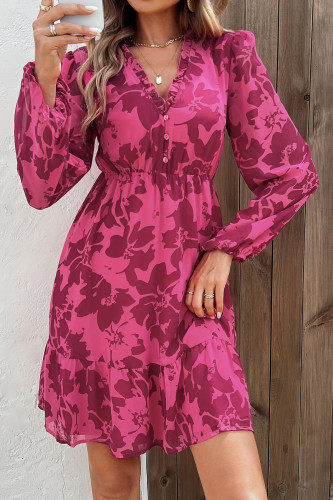 V-Neck Ruffled Long Sleeved Dress