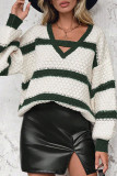 Contrast Color V-Neck Lantern Sleeve Sweater