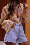Summer Printed Lace Up Long Sleeved Shirt