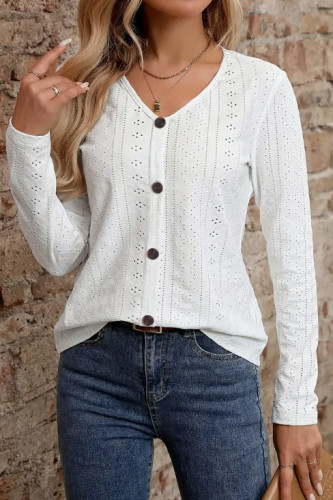Solid Color Jacquard V-Neck Long Sleeved T-Shirt