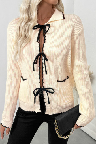 Bow Lapel Long Sleeved Cardigan Sweater