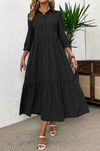Solid Color Lapel Long Sleeved Shirt Dress