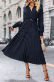 Solid Color Waist Cinching Pleated Dress