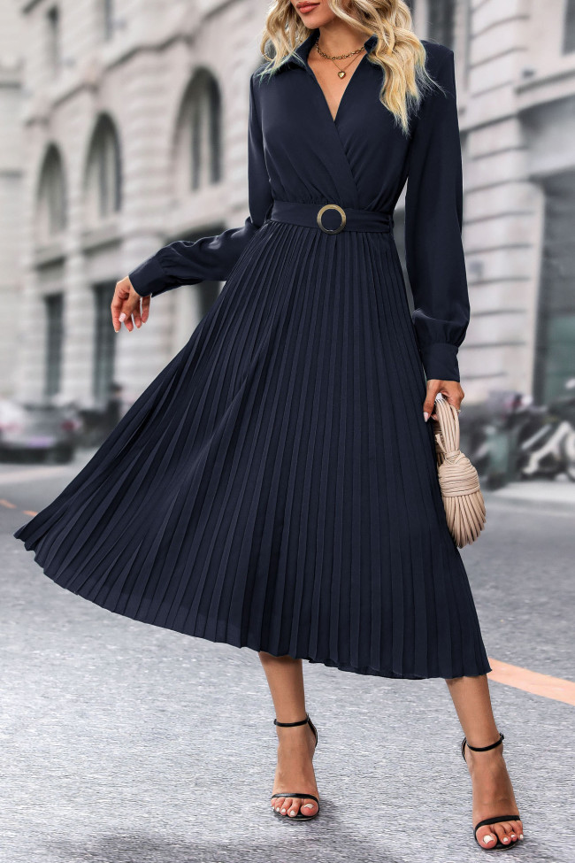 Solid Color Waist Cinching Pleated Dress