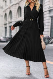 Solid Color Waist Cinching Pleated Dress