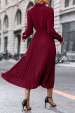 Solid Color Waist Cinching Pleated Dress