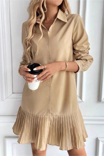 Solid Color Long Sleeved Pleated Shirt Dress