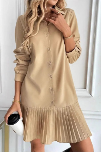 Solid Color Long Sleeved Pleated Shirt Dress