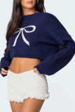 Bow Tie Round Neck Long Sleeved Short Sweater
