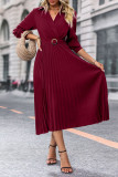Solid Color Waist Cinching Pleated Dress